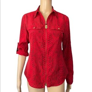 Michael Kors red snakeskin print fitted zip up long sleeve collared shirt  XS